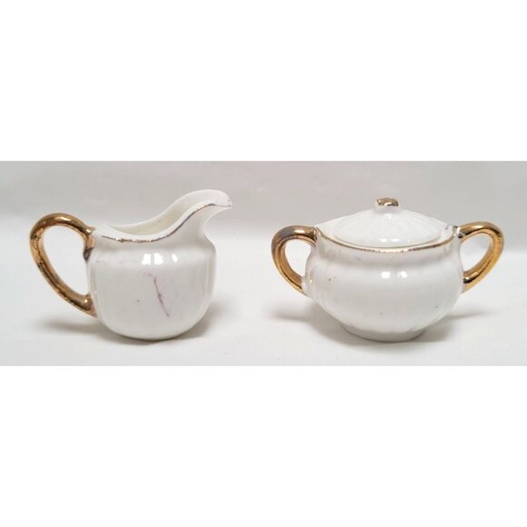 Vintage 4 Piece Miniature Bone China Creamer Sugar Tray Set Floral Gold Accents - Picture 7 of 11
